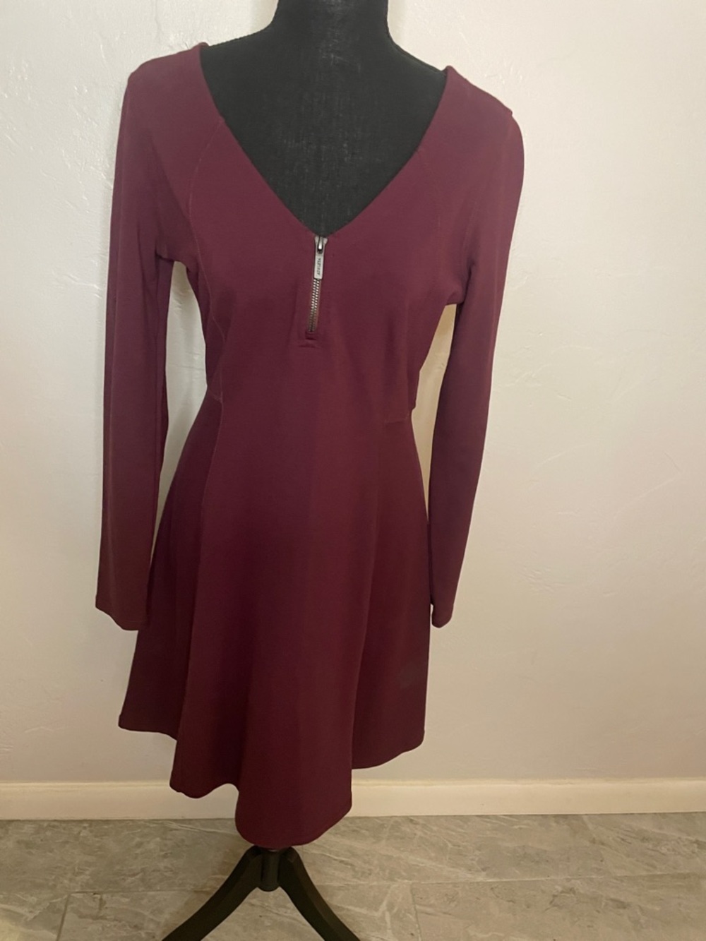 Athleta Burgundy Long Sleeve V-Neck Zip Skater Dress